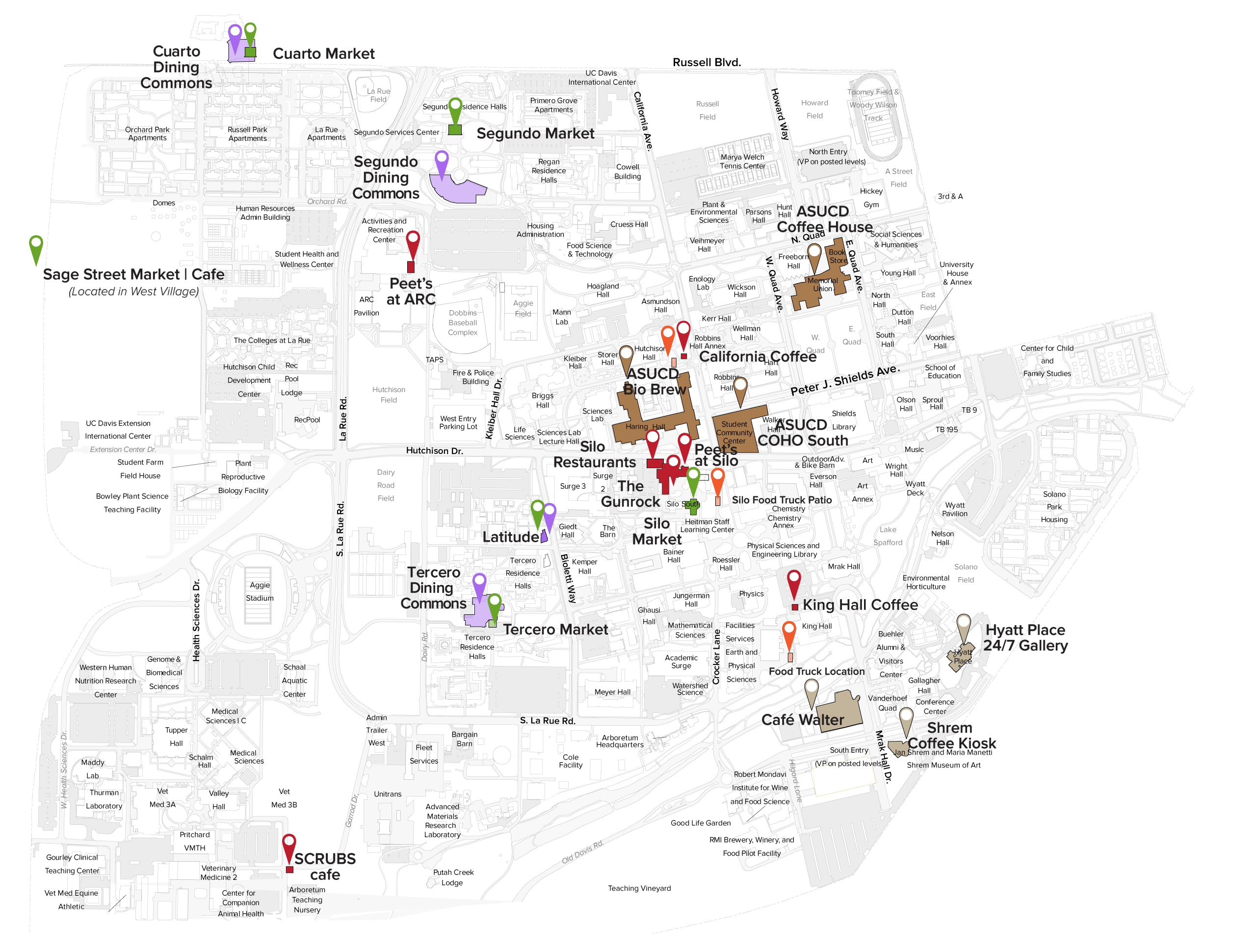 Map of the UC Davis campus highlighting the locations of places to eat on campus