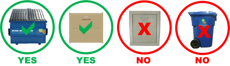 Place cardboard in the mixed recyclables bins; do not put boxes down chutes or in mixed recyclables toters