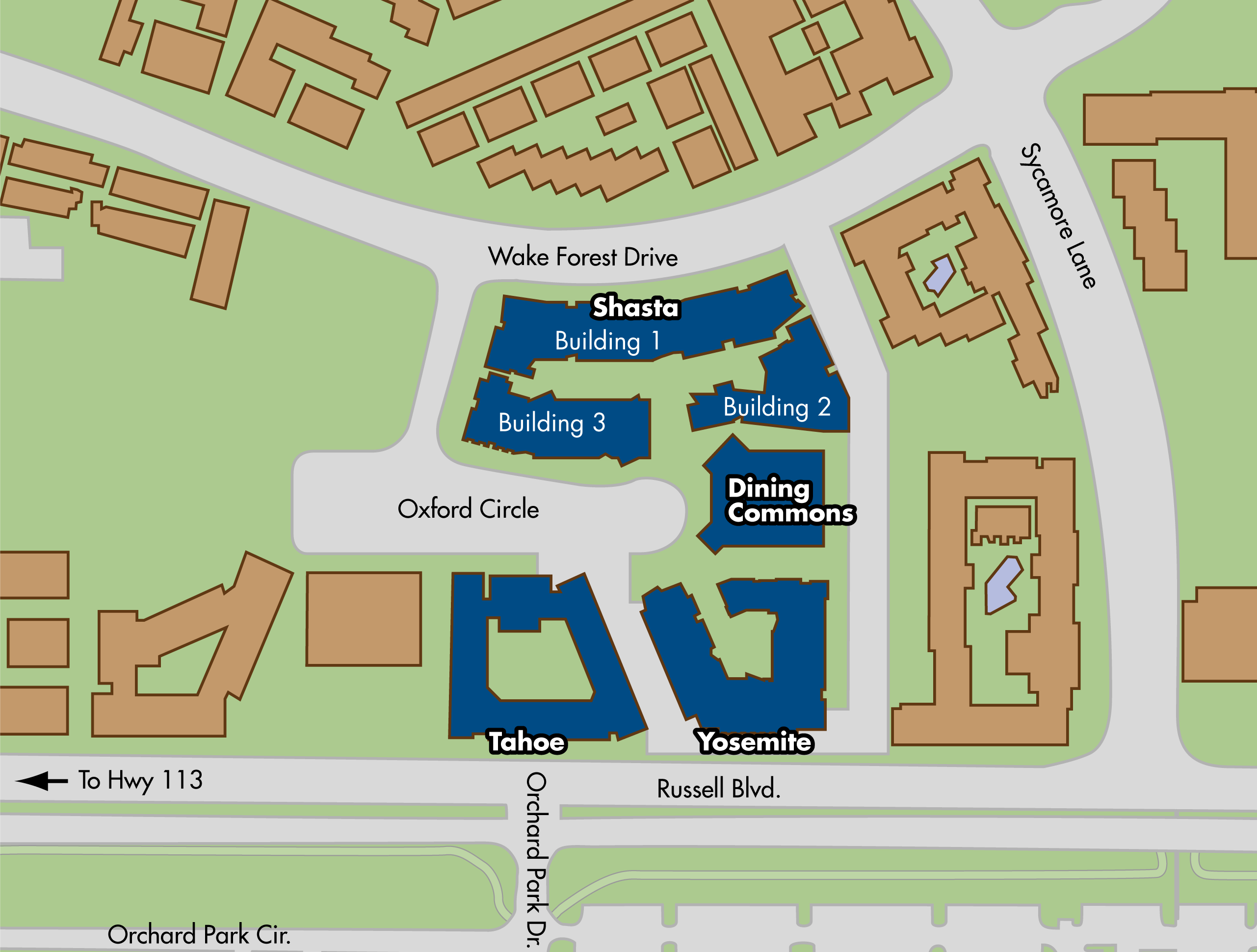 Map of Cuarto area residence halls locations on the UC Davis campus