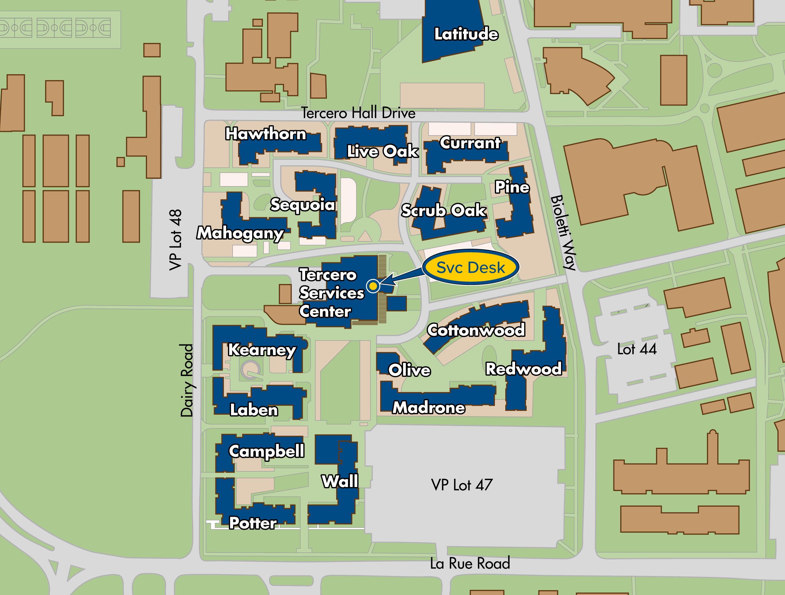 Tercero residence hall area map showing where Campbell, Kearney, Laben, Potter, Wall, Pine, Currant, Scrub Oak, Live Oak, Sequoia, Mahogany, and Hawthorn Halls are located on the UC Davis campus