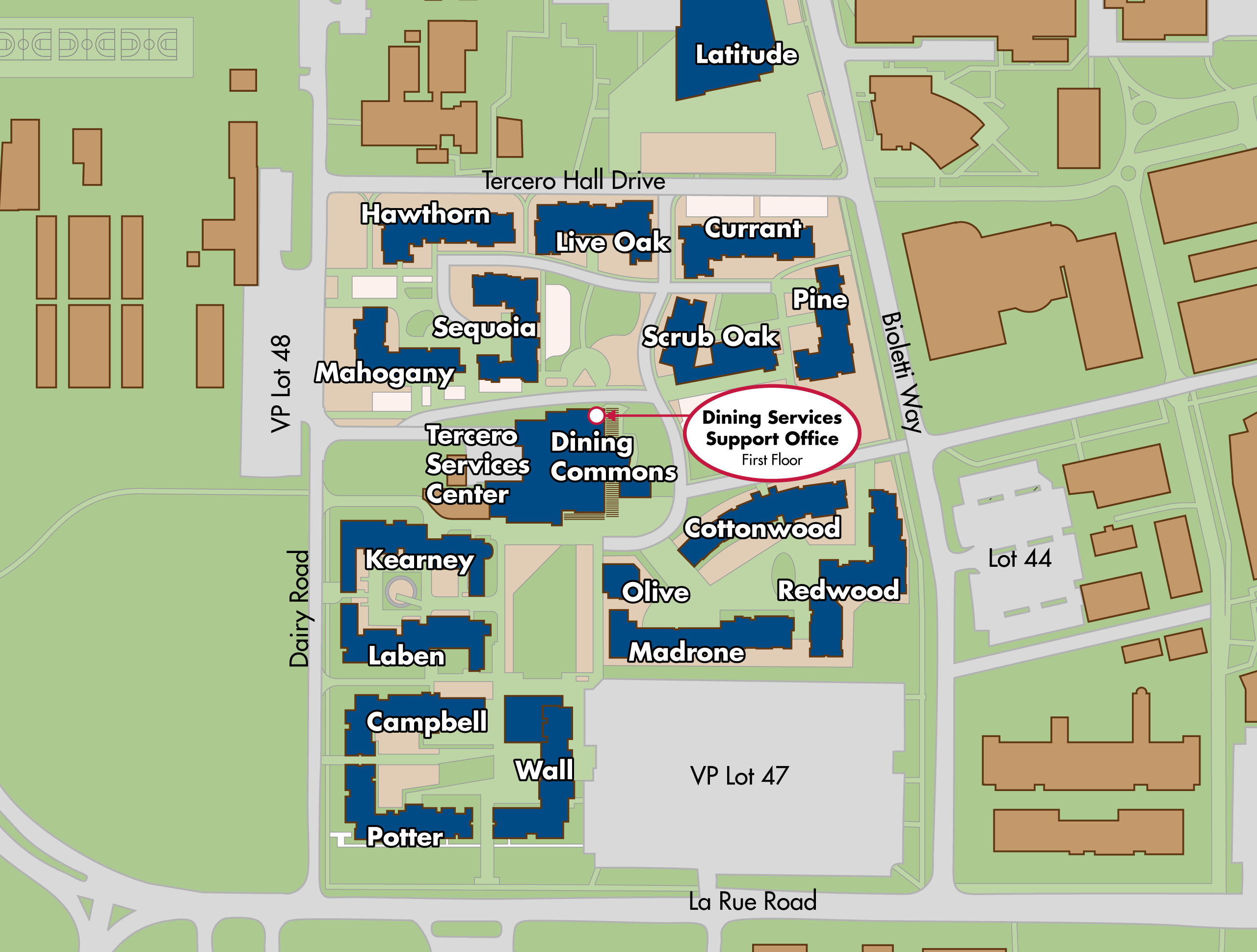Map of the Tercero residence halls area, with the Dining Services Support Office highlighted in the Tercero Services Center.