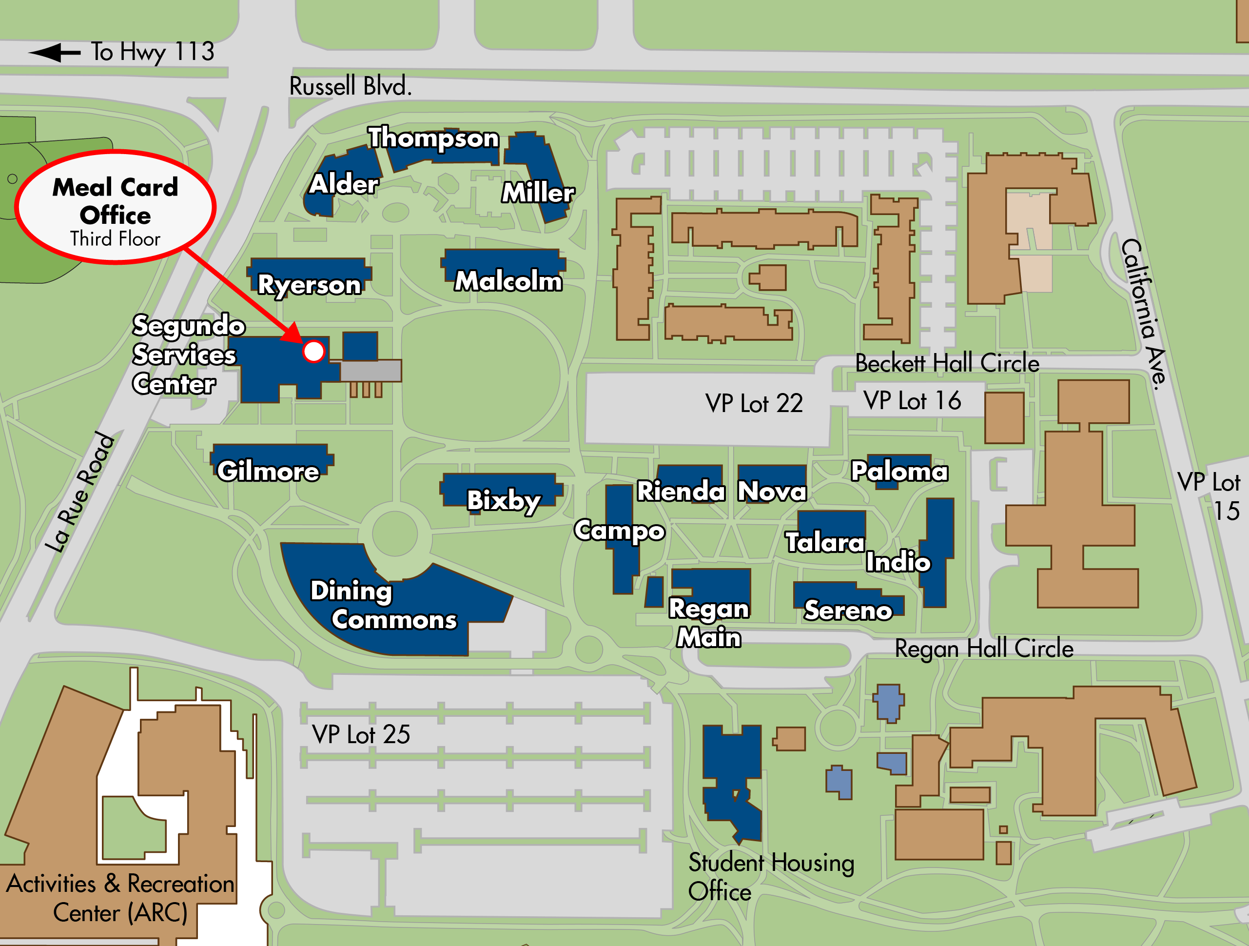 Map of the Segundo residence halls area, with the Meal Card Office highlighted in the Segundo Services Center.