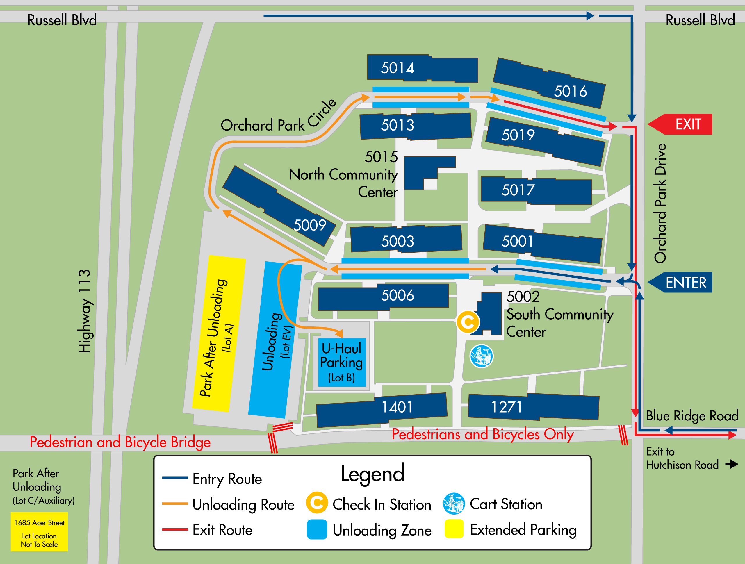 Check-in and parking map for Orchard Park