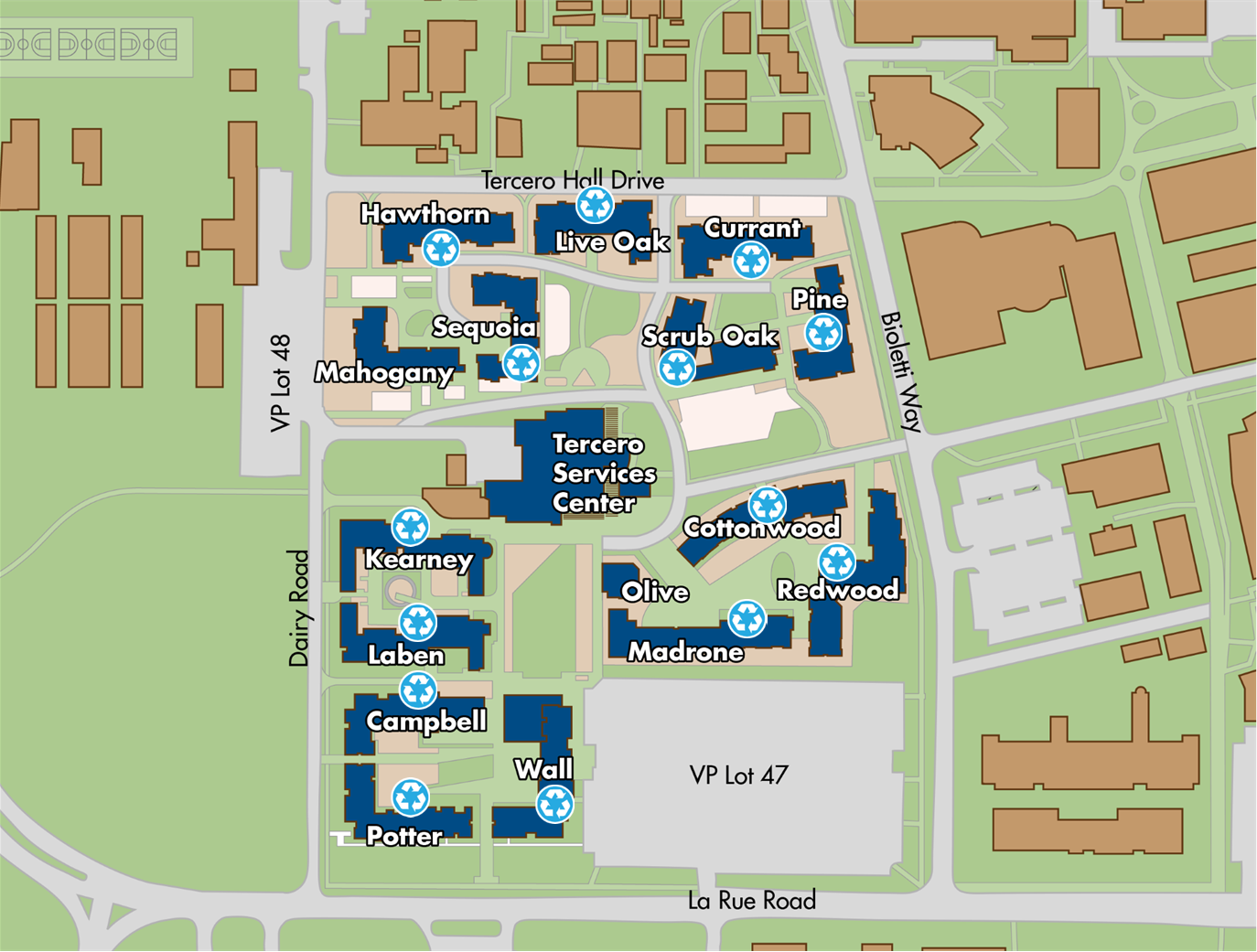Map: Donation locations are available in Alder, Thompson, Miller, Bixby, Gilmore, Malcolm, and Ryerson residence halls, and in Regan Main and Spruce at Primero Grove.
