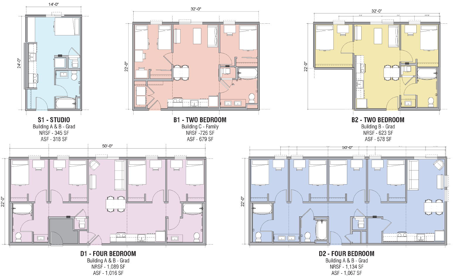 Floor plans: Studio, two bedroom, and four bedroom apartments